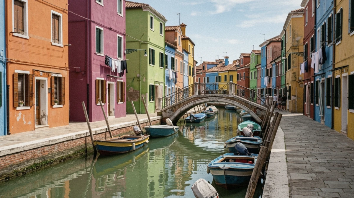 Houses in orange, green and pink over a canal in Burano, the colour stop of every Murano and Burano tour