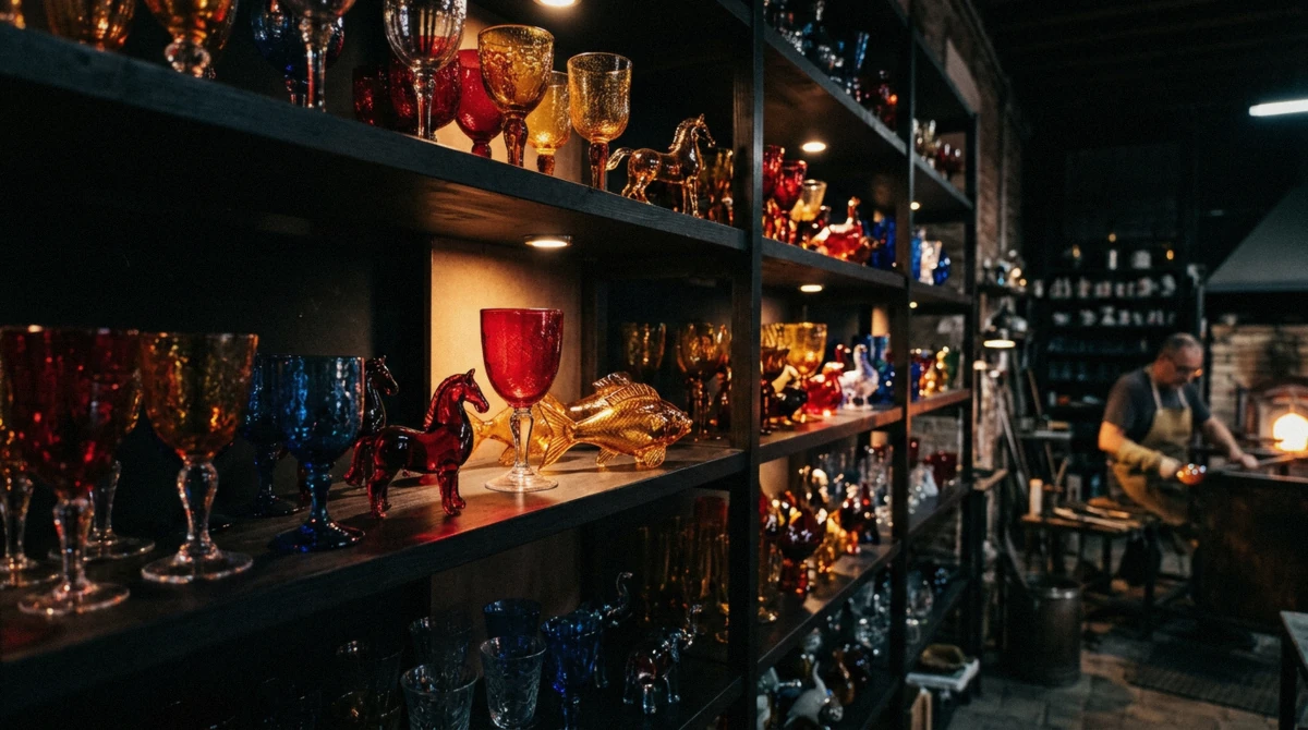 Hand-blown Murano glass goblets in red, amber and blue on dark showroom shelves, small pieces from 15-30 EUR