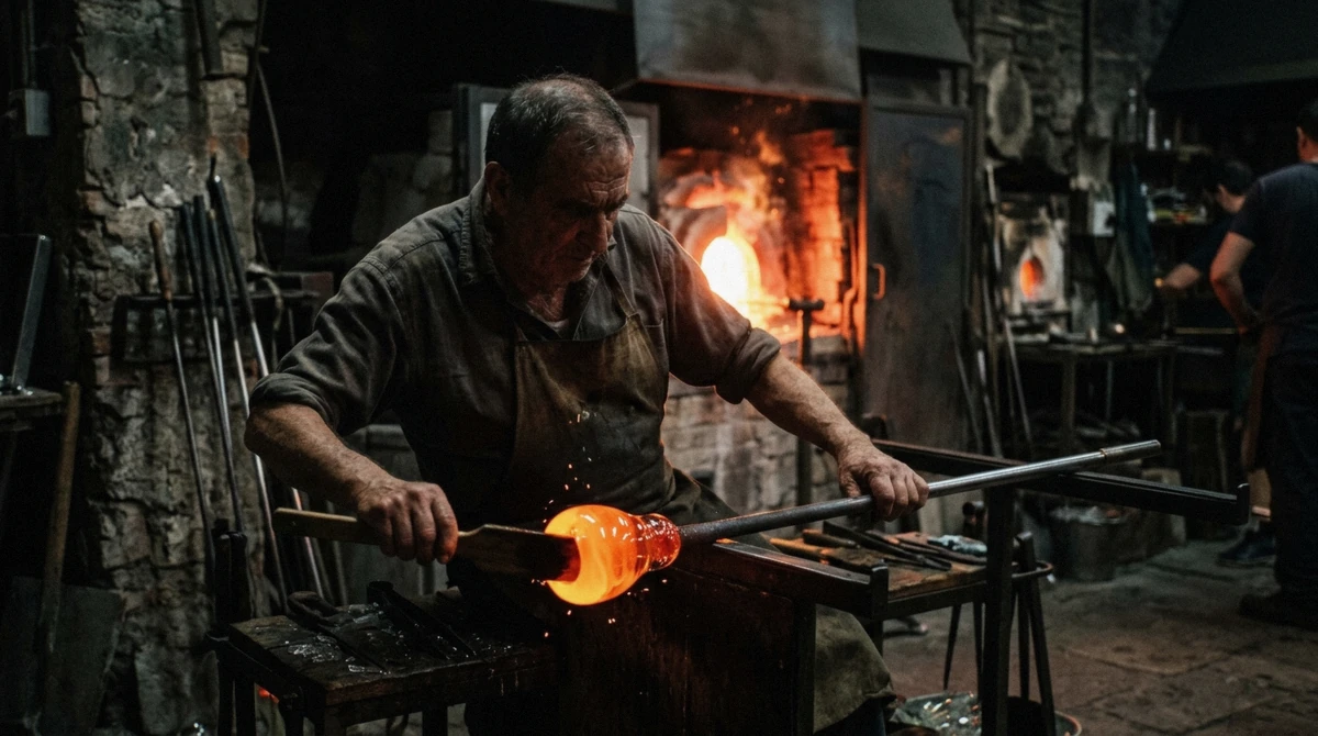 A glass master shaping glowing molten glass at a Murano furnace, the demonstration at its best on morning departures
