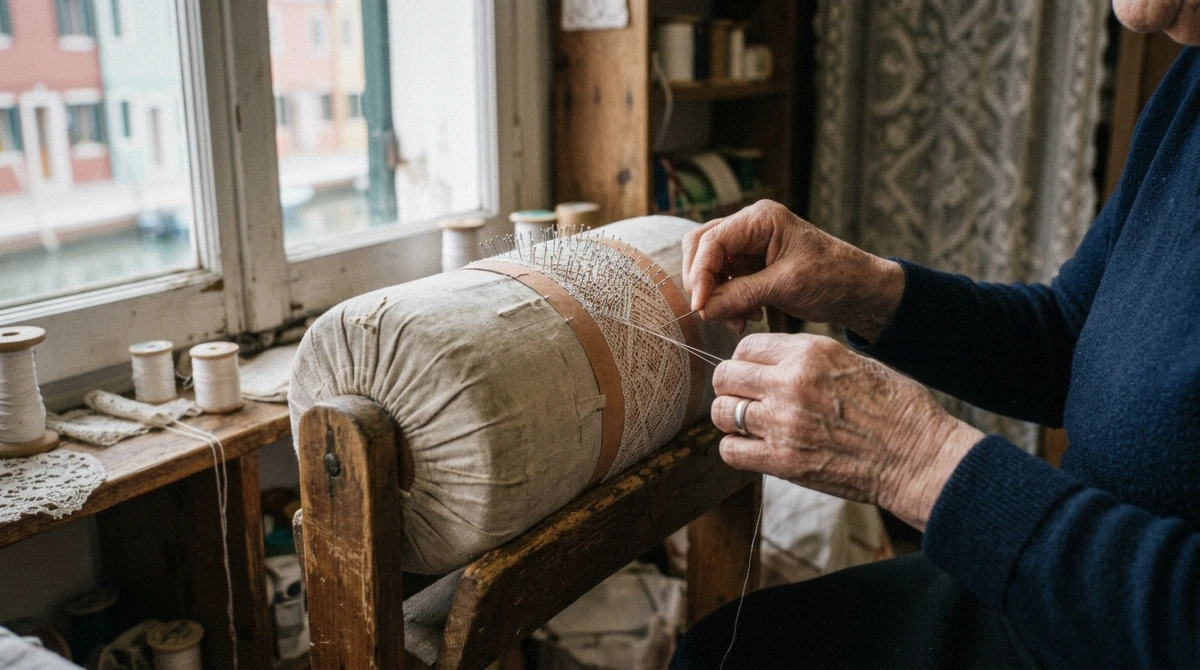Hands working white Burano needle lace on a traditional cushion in a Burano lace workshop