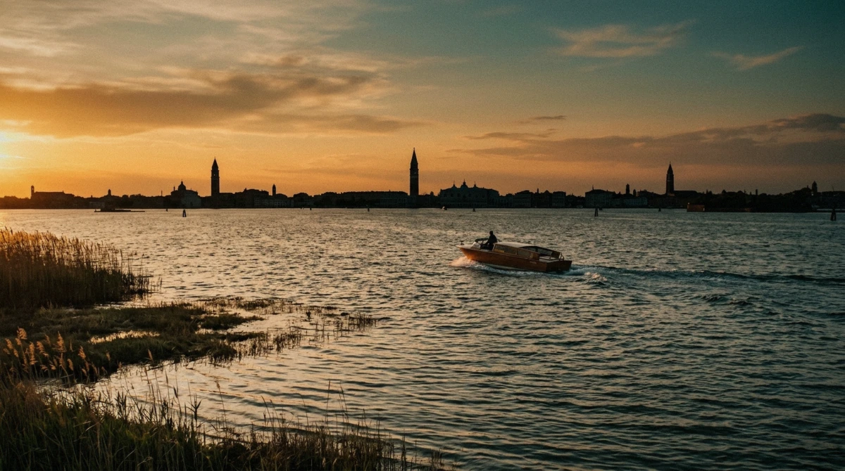 A small boat crossing the empty Venetian lagoon at sunset towards Venice's campaniles, the evening vaporetto view
