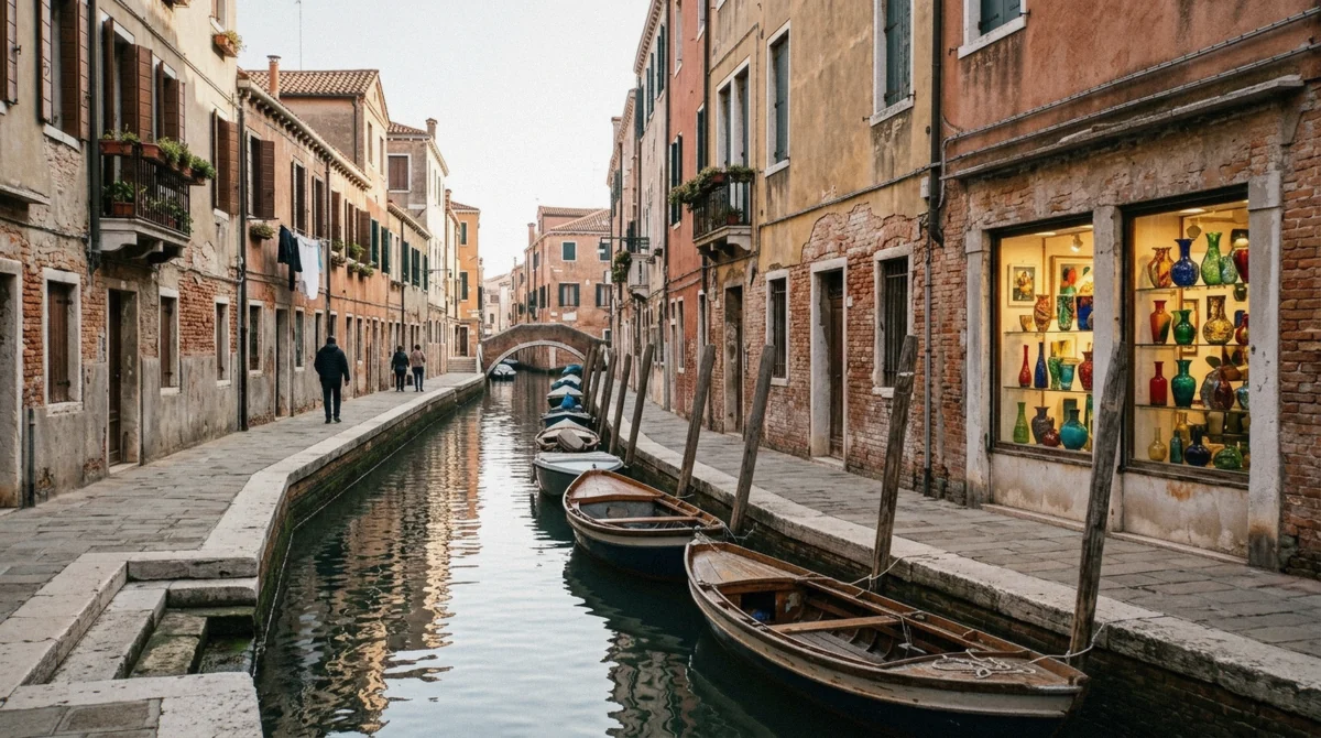 A quiet Murano canal of brick houses with coloured glass in a shopfront window, off the main tourist drag